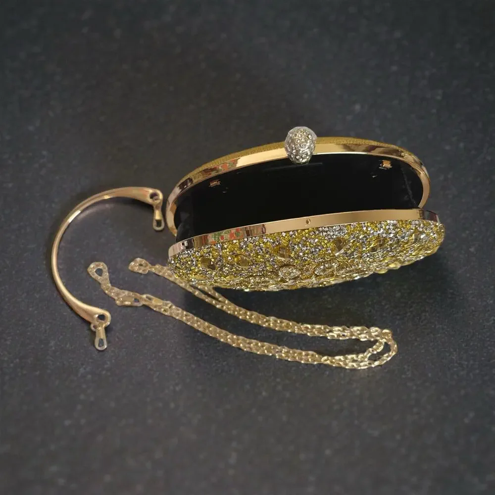 Ramla Gold Crystal Embellished Oval Evening Clutch Beaded Purse NWT